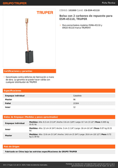 Bolsa con 2 carbones de repuesto para ESM-45110, TRUPER