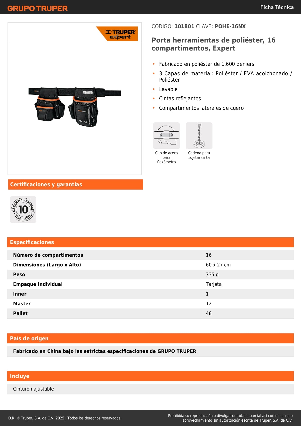 Porta Herramientas Profesional Expert POHE-16NX - 16 Compartimentos Poliéster 1600D - Organiza y Protege Herramientas con Cintas Reflejantes