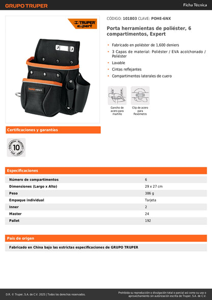 Porta Herramientas Profesional Expert 6 Compartimentos Poliéster 1600D - Organización Segura para Técnicos y Electricistas