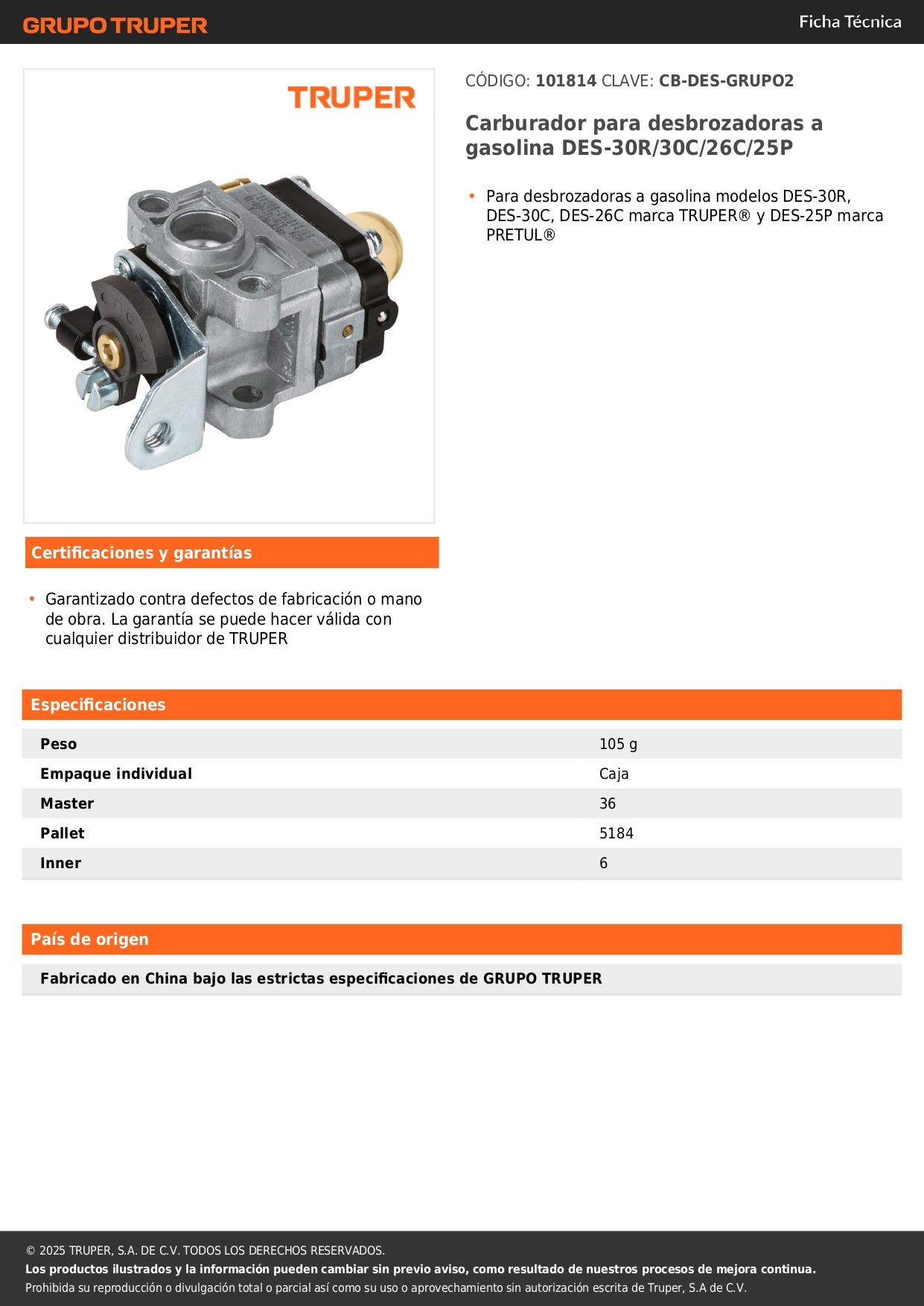 Carburador para desbrozadoras a gasolina DES-30R/30C/26C/25P