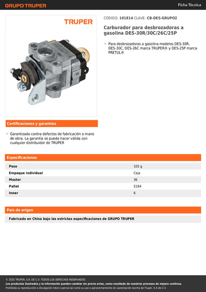 Carburador para desbrozadoras a gasolina DES-30R/30C/26C/25P