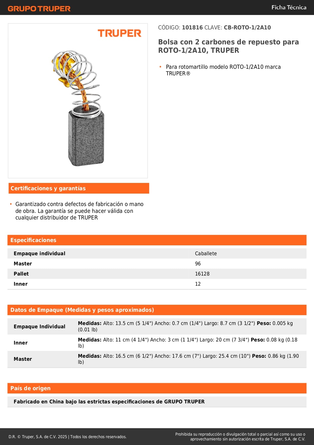 Bolsa con 2 carbones de repuesto para ROTO-1/2A10, TRUPER