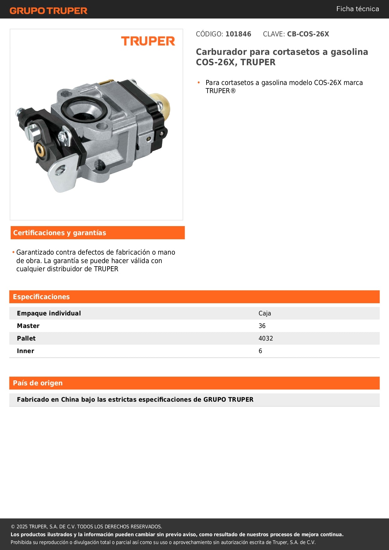 Carburador para cortasetos a gasolina COS-26X, TRUPER