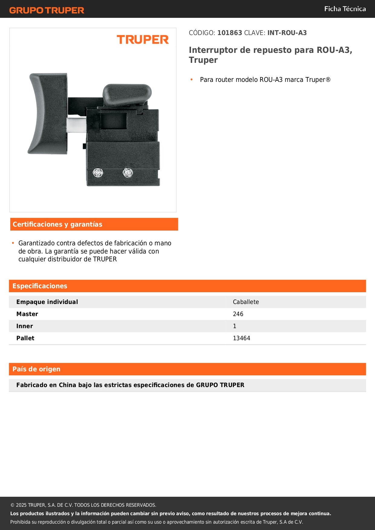 Interruptor de repuesto para ROU-A3, Truper
