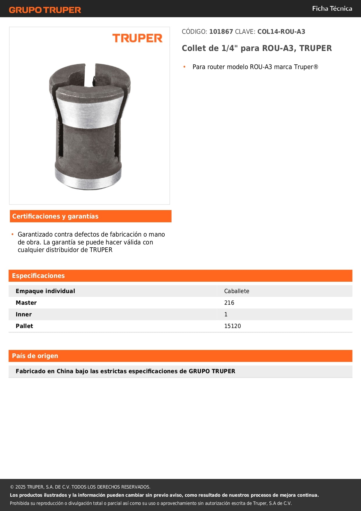 Collet de 1/4" para ROU-A3, TRUPER