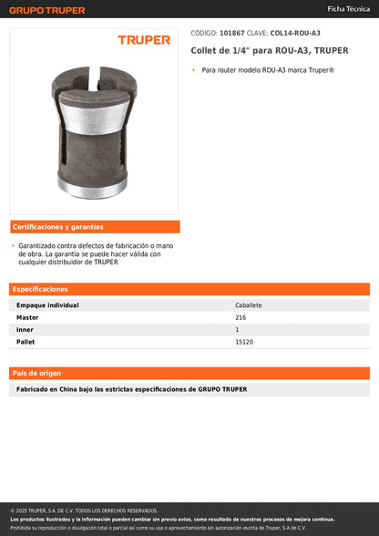 Collet de 1/4" para ROU-A3, TRUPER