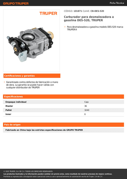 Carburador para desmalezadora a gasolina DES-520, TRUPER