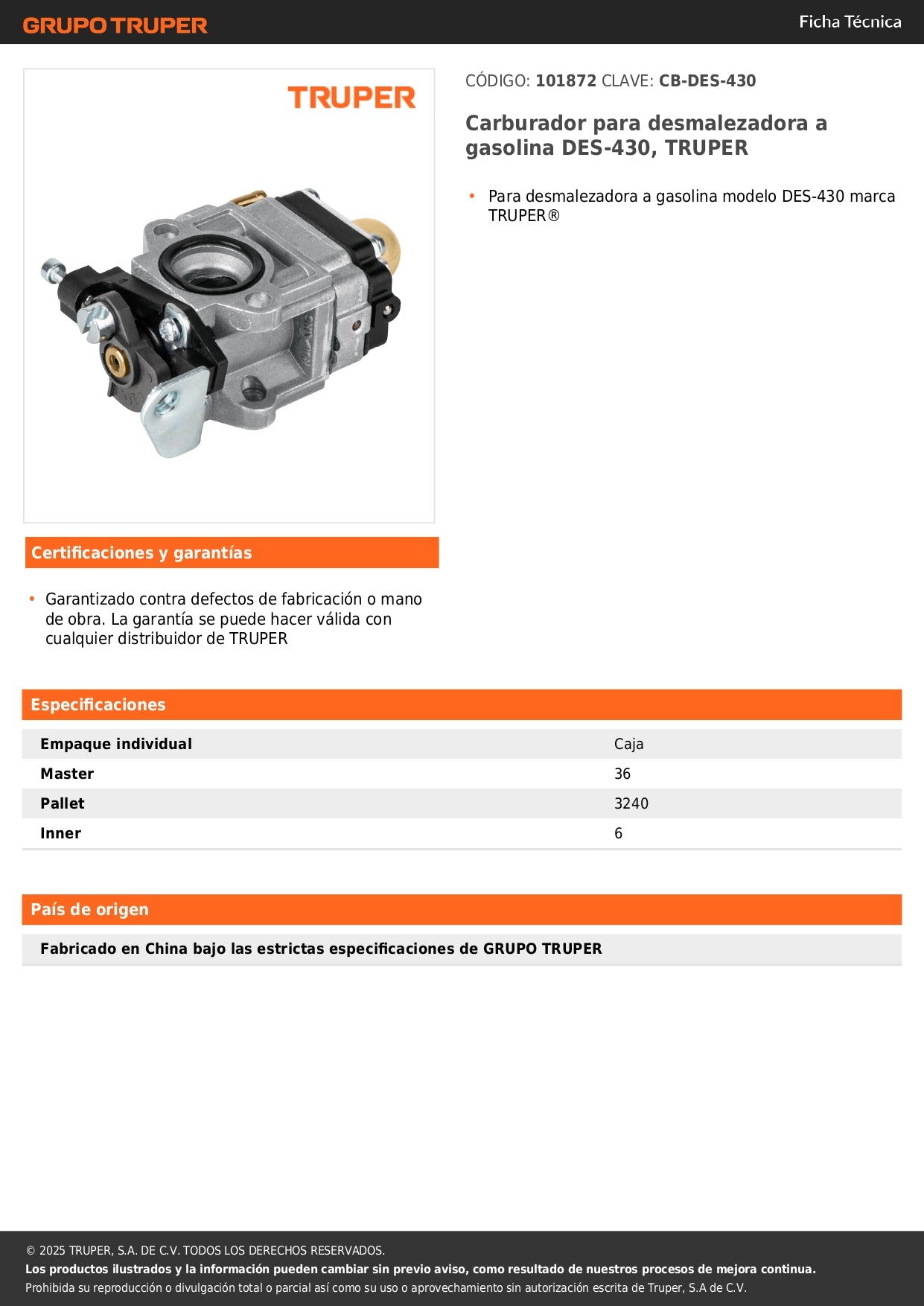Carburador para desmalezadora a gasolina DES-430, TRUPER