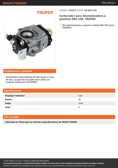 Carburador para desmalezadora a gasolina DES-330, TRUPER