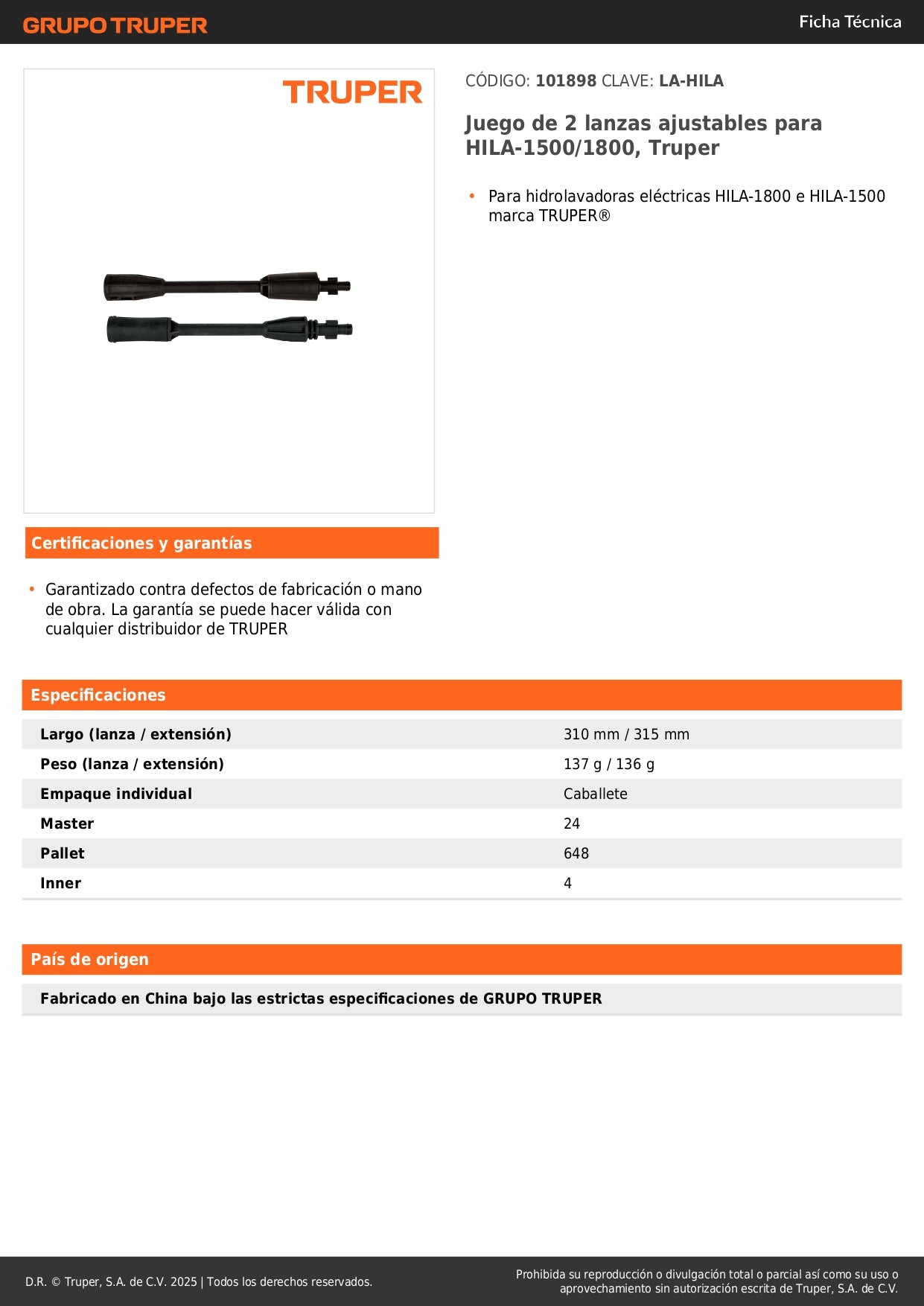 Juego de 2 lanzas ajustables para HILA-1500/1800, Truper