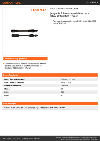 Juego de 2 lanzas ajustables para HILA-1500/1800, Truper