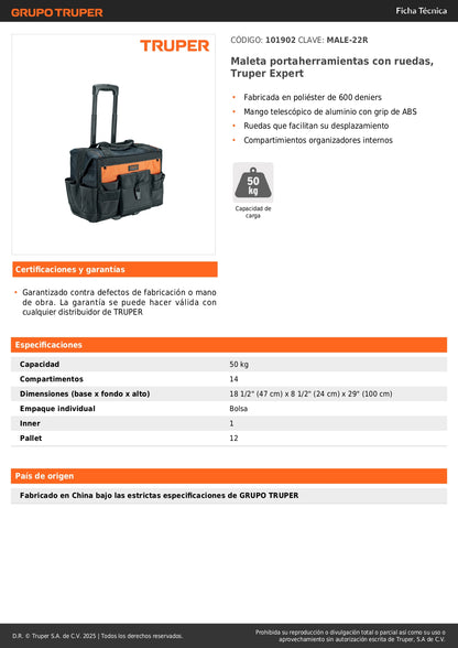Maleta Portaherramientas con Ruedas Truper Expert MALE-22R - Solución Profesional para Transporte de Herramientas