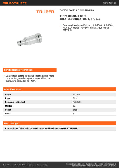 Filtro de agua para HILA-1500/HILA-1800, Truper