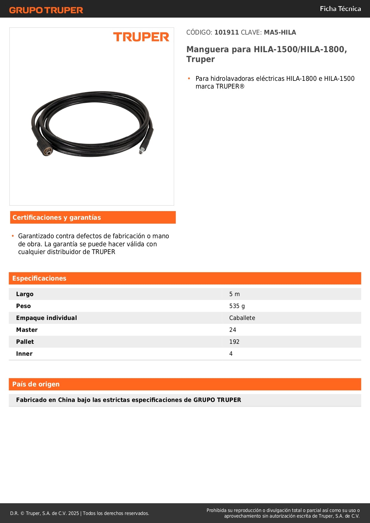 Manguera para HILA-1500/HILA-1800, Truper