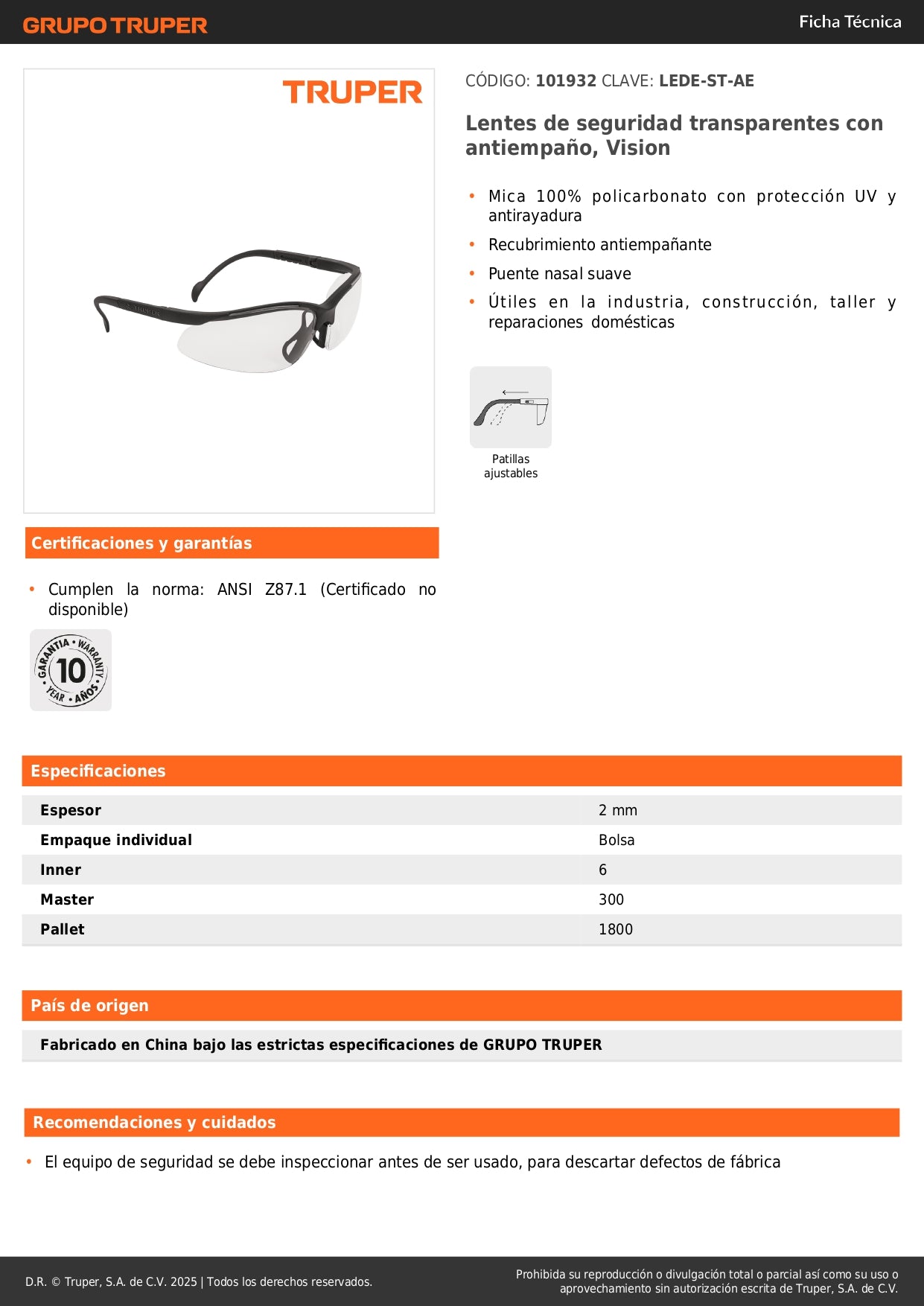 Lentes de Seguridad Antiempañantes Transparentes Vision LEDE-ST-AE - Protección UV Policarbonato para Industria y Construcción