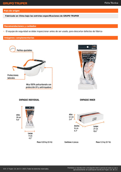 Lentes de Seguridad Industriales Antiempañantes LEN-2000-AE - Protección UV Policarbonato Ajustables para Construcción, Taller e Industria - Previene Lesiones Oculares y Accidentes Laborales
