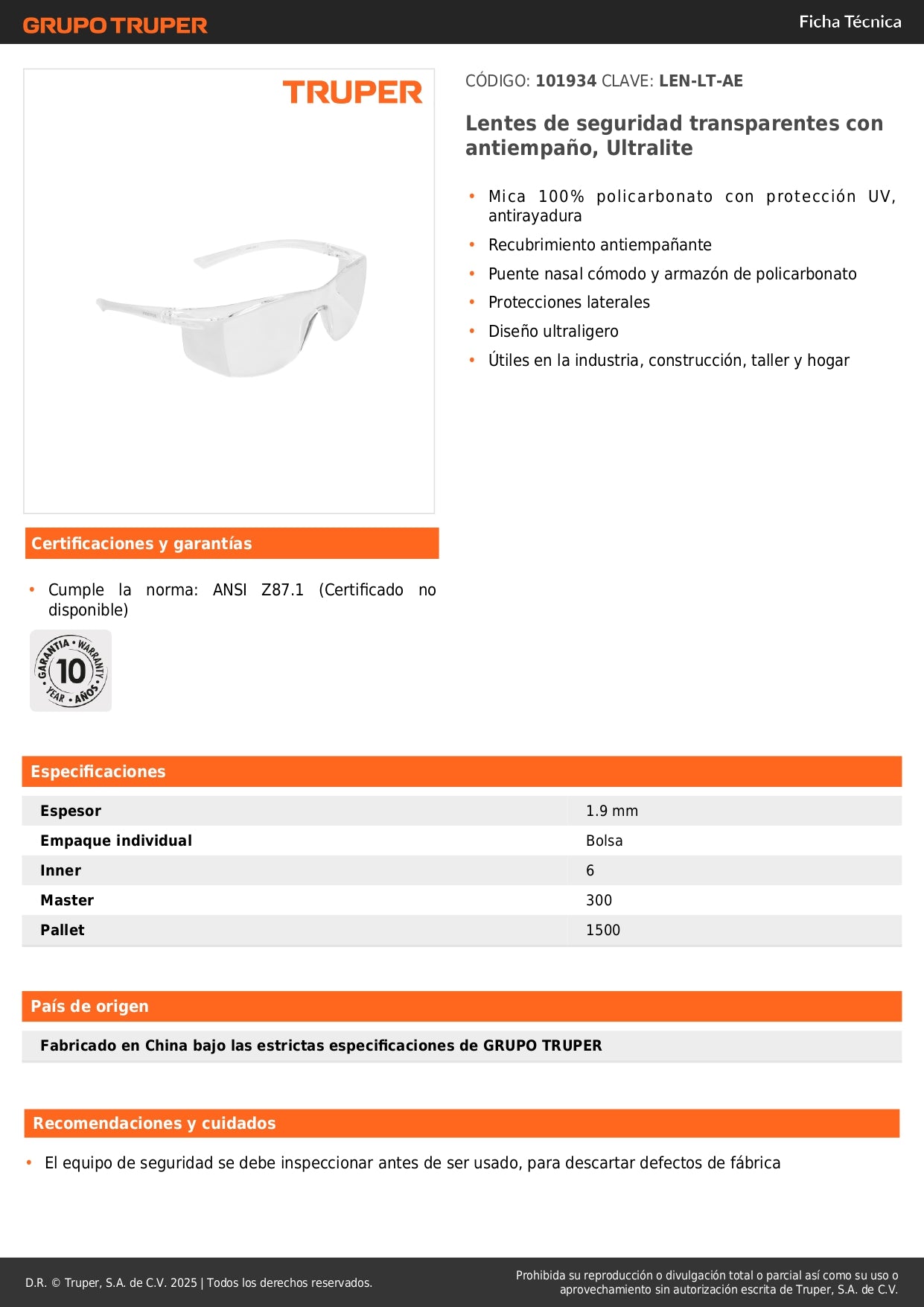 Lentes de Seguridad Antiempañantes Ultralite LEN-LT-AE - Protección UV Policarbonato para Industria y Construcción