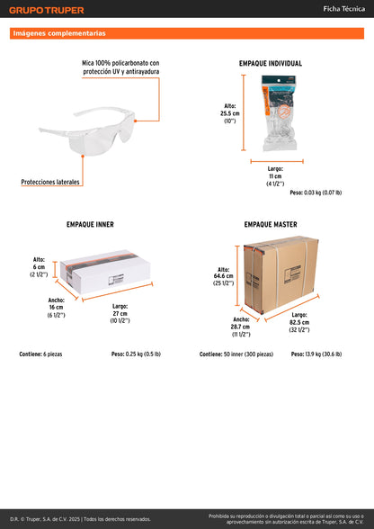 Lentes de Seguridad Antiempañantes Ultralite LEN-LT-AE - Protección UV Policarbonato para Industria y Construcción
