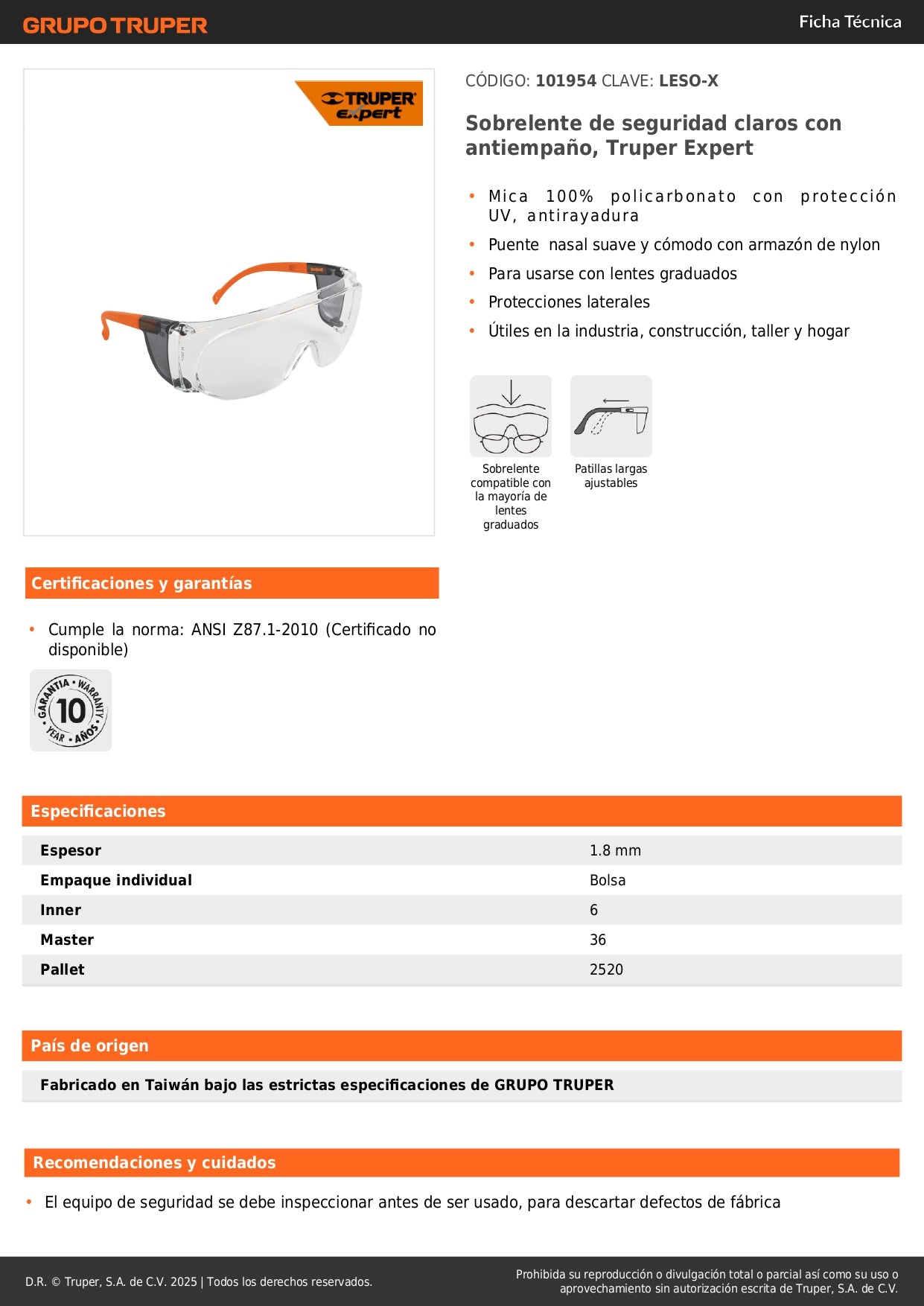 Sobrelentes de Seguridad Antiempaño LESO-X Truper Expert - Protección UV Policarbonato para Lentes Graduados - Industria Construcción Taller