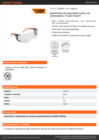 Sobrelentes de Seguridad Antiempaño LESO-X Truper Expert - Protección UV Policarbonato para Lentes Graduados - Industria Construcción Taller