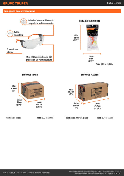 Sobrelentes de Seguridad Antiempaño LESO-X Truper Expert - Protección UV Policarbonato para Lentes Graduados - Industria Construcción Taller