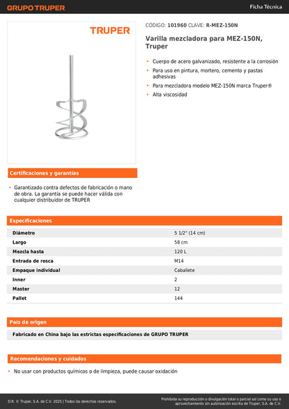 Varilla mezcladora para MEZ-150N, Truper
