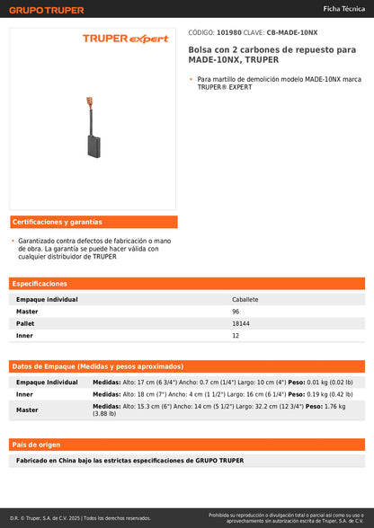 Bolsa con 2 carbones de repuesto para MADE-10NX, TRUPER