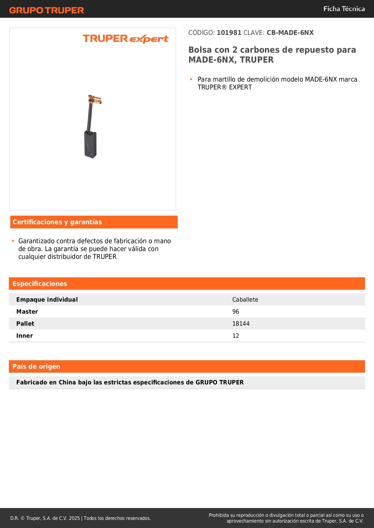 Bolsa con 2 carbones de repuesto para MADE-6NX, TRUPER