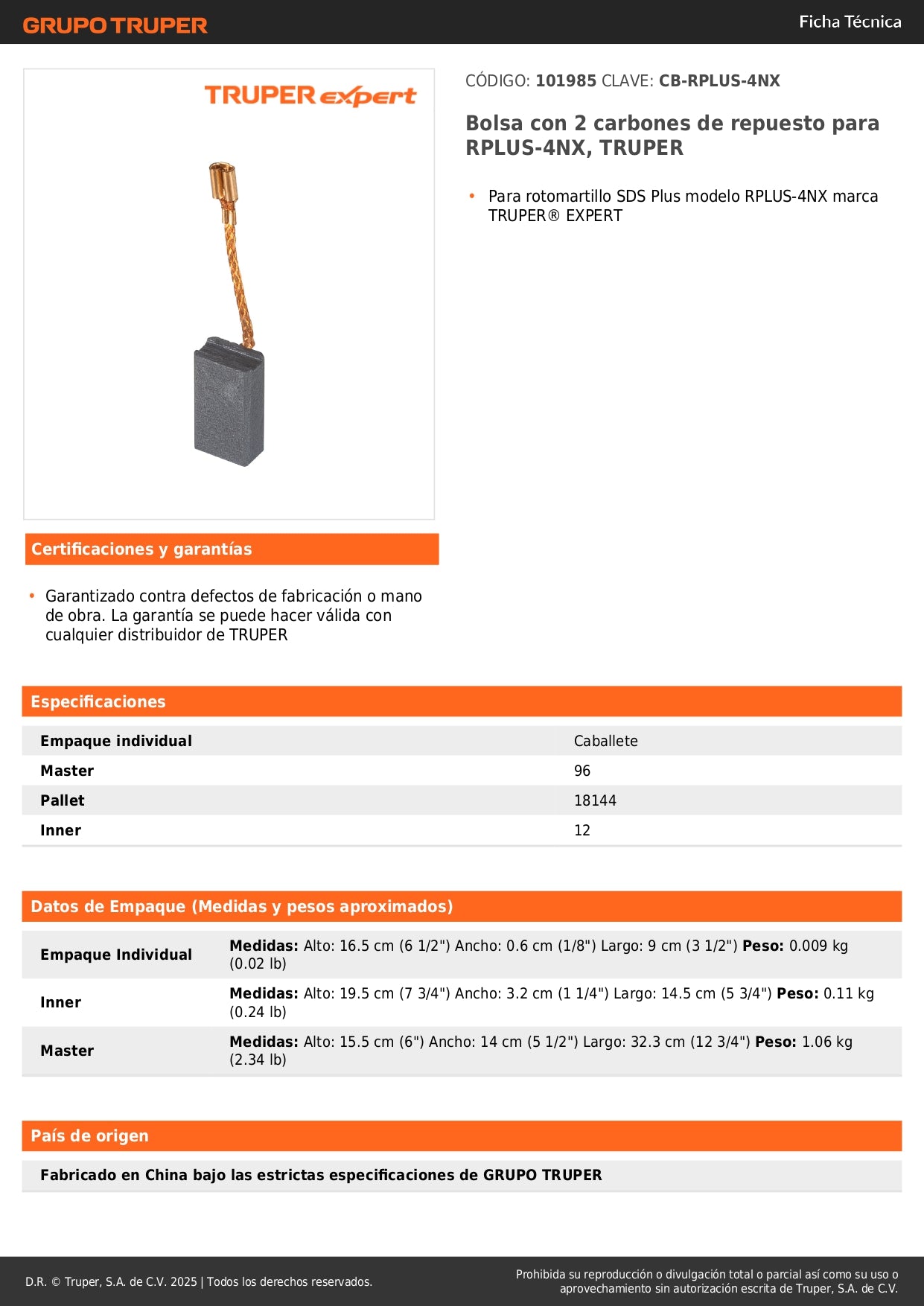 Bolsa con 2 carbones de repuesto para RPLUS-4NX, TRUPER