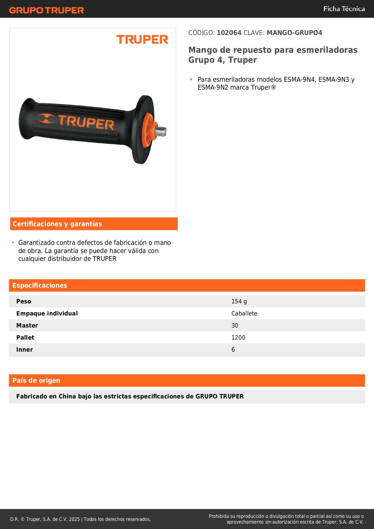 Mango de repuesto para esmeriladoras Grupo 4, Truper