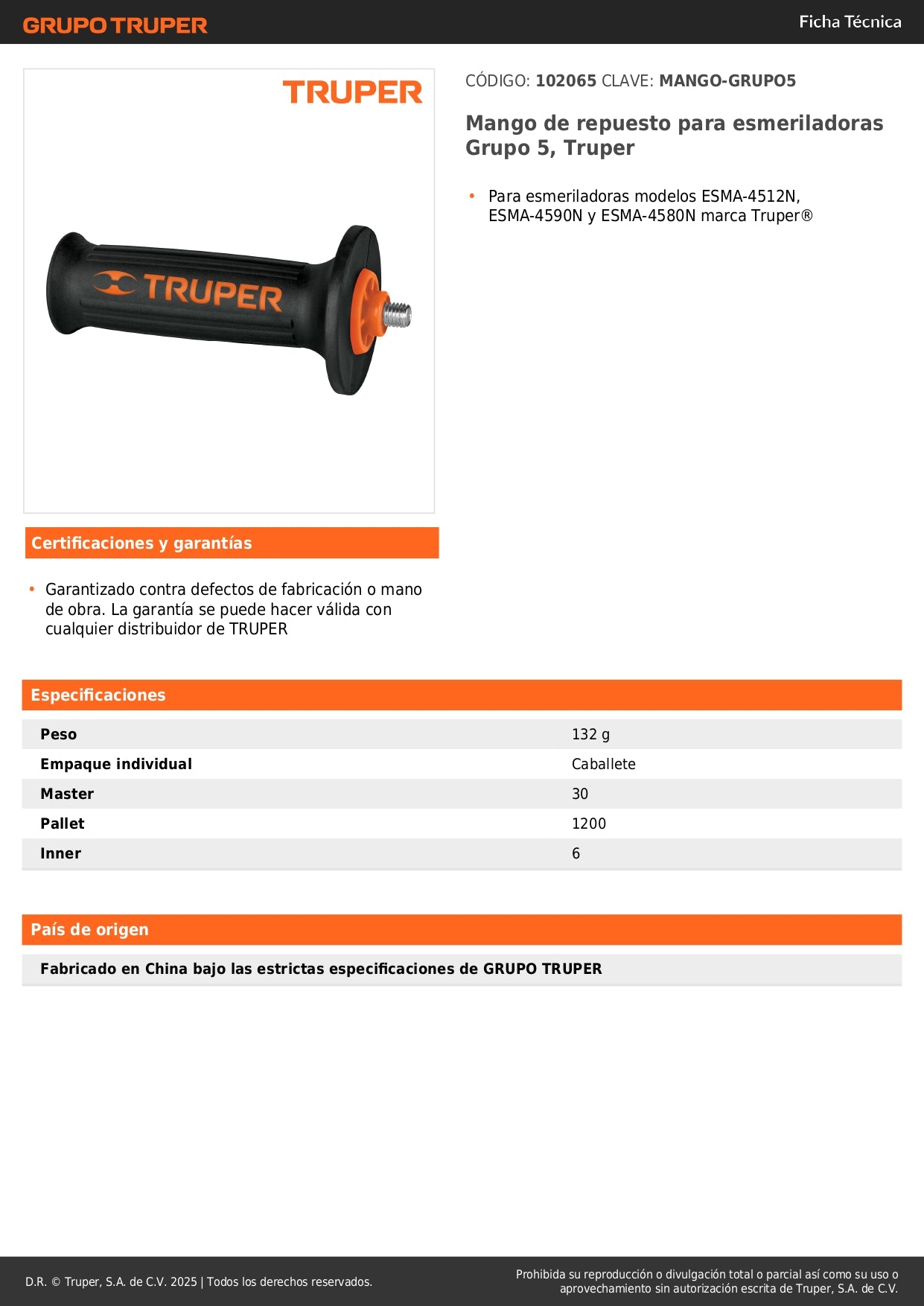 Mango de repuesto para esmeriladoras Grupo 5, Truper