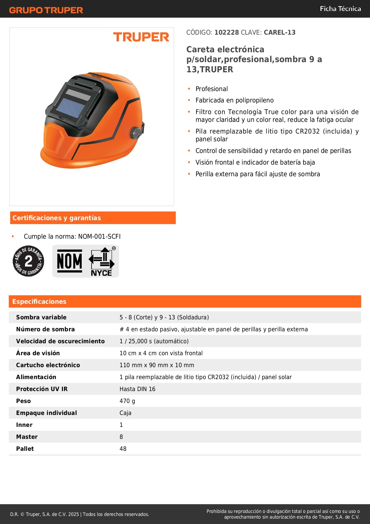 Careta Electrónica Profesional para Soldar TRUPER CAREL-13 - Sombra Variable 9-13 con Tecnología True Color - Reduce Fatiga Ocular y Mejora Precisión en Soldadura