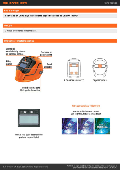 Careta Electrónica Profesional para Soldar TRUPER CAREL-13 - Sombra Variable 9-13 con Tecnología True Color - Reduce Fatiga Ocular y Mejora Precisión en Soldadura