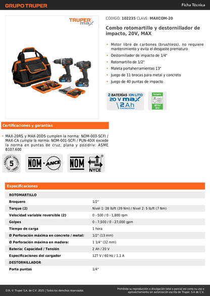 Combo Rotomartillo y Destornillador de Impacto 20V MAX Brushless - Kit Completo con 51 Accesorios y Maleta - Solución Profesional para Perforación y Atornillado MAXCOM-20