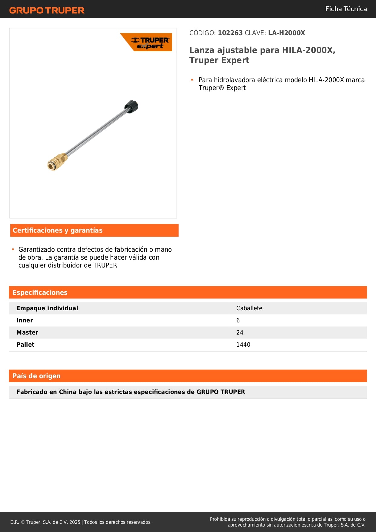 Lanza ajustable para HILA-2000X, Truper Expert