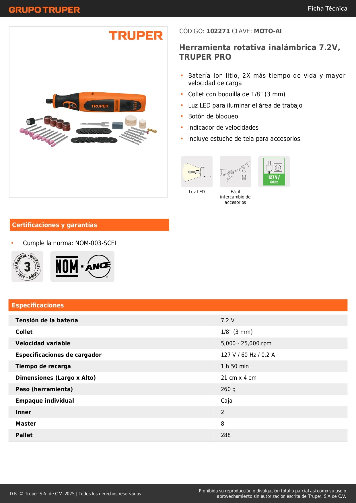 Herramienta Rotativa Inalámbrica 7.2V TRUPER PRO con Batería Ion Litio - Solución Profesional para Corte, Grabado y Pulido de Precisión