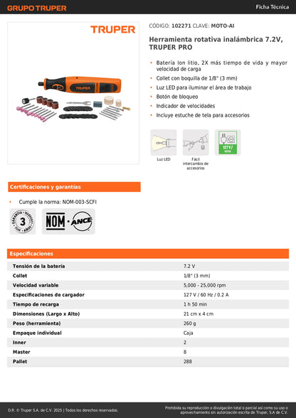Herramienta Rotativa Inalámbrica 7.2V TRUPER PRO con Batería Ion Litio - Solución Profesional para Corte, Grabado y Pulido de Precisión