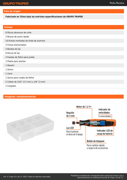 Herramienta Rotativa Inalámbrica 7.2V TRUPER PRO con Batería Ion Litio - Solución Profesional para Corte, Grabado y Pulido de Precisión
