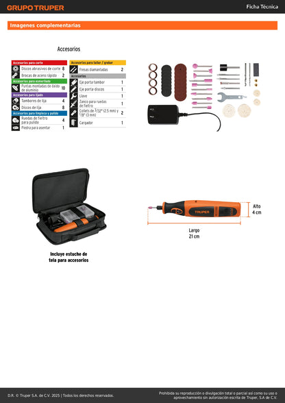 Herramienta Rotativa Inalámbrica 7.2V TRUPER PRO con Batería Ion Litio - Solución Profesional para Corte, Grabado y Pulido de Precisión