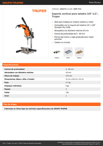 Soporte vertical para taladro 3/8"-1/2", Truper