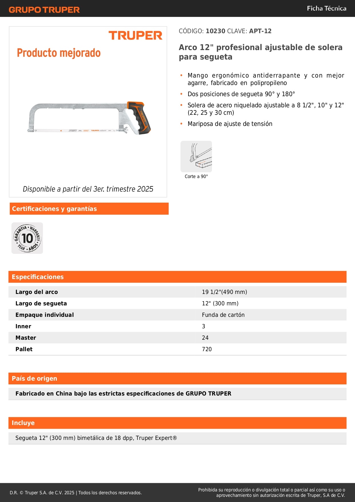 Arco Segueta Profesional 12 Pulgadas Ajustable - Corte Preciso Metal y Madera - Mango Ergonómico Antiderrapante - APT-12