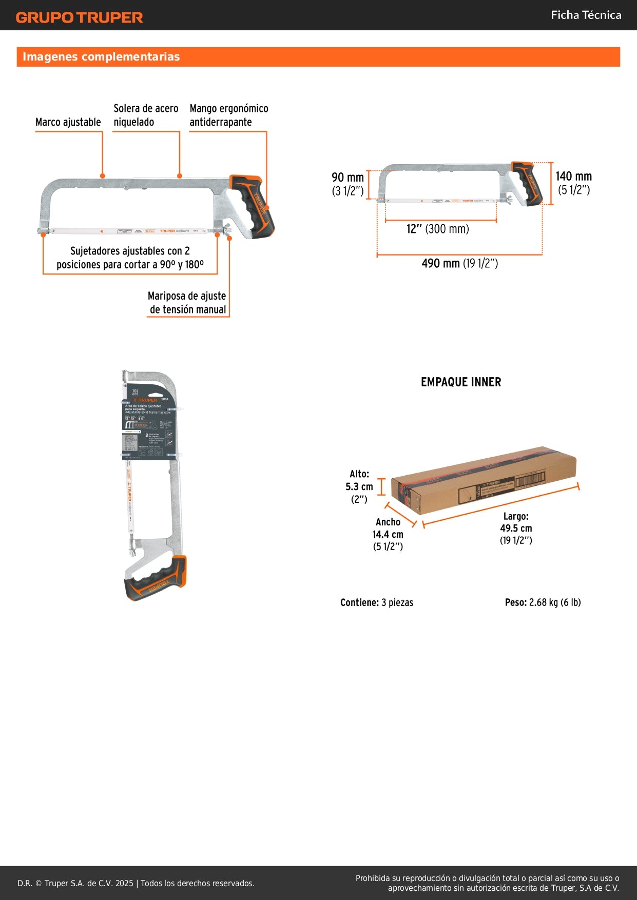Arco Segueta Profesional 12 Pulgadas Ajustable - Corte Preciso Metal y Madera - Mango Ergonómico Antiderrapante - APT-12