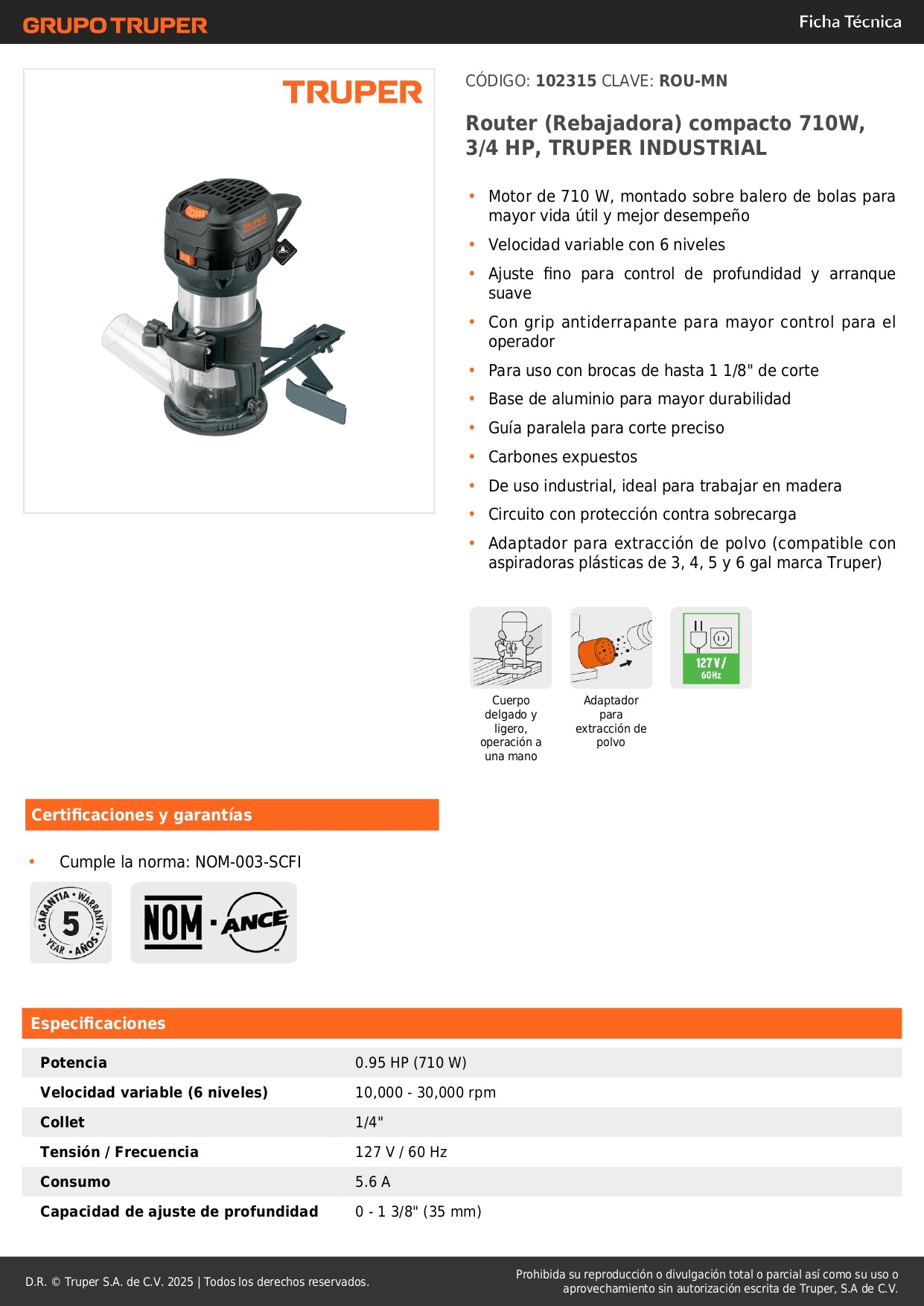 Router Rebajadora Industrial TRUPER 710W 3/4HP - Herramienta Profesional para Carpintería y Trabajos de Precisión en Madera - Modelo ROU-MN