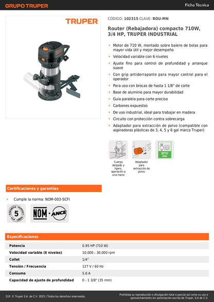 Router Rebajadora Industrial TRUPER 710W 3/4HP - Herramienta Profesional para Carpintería y Trabajos de Precisión en Madera - Modelo ROU-MN