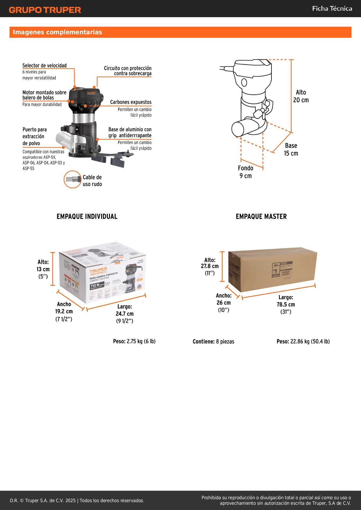 Router Rebajadora Industrial TRUPER 710W 3/4HP - Herramienta Profesional para Carpintería y Trabajos de Precisión en Madera - Modelo ROU-MN