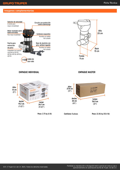 Router Rebajadora Industrial TRUPER 710W 3/4HP - Herramienta Profesional para Carpintería y Trabajos de Precisión en Madera - Modelo ROU-MN