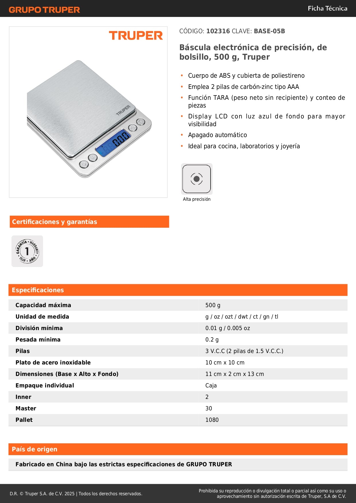Báscula Electrónica Digital de Precisión 500g Truper BASE-05B - Ideal para Cocina, Joyería y Laboratorio con Display LCD y Función TARA