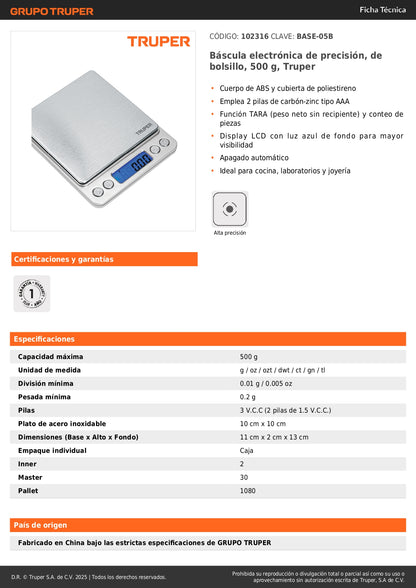 Báscula Electrónica Digital de Precisión 500g Truper BASE-05B - Ideal para Cocina, Joyería y Laboratorio con Display LCD y Función TARA