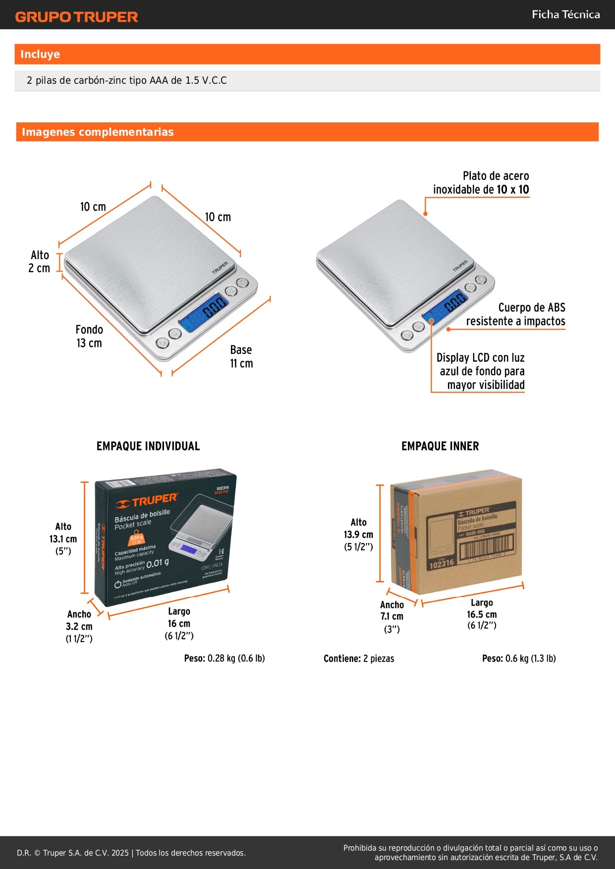 Báscula Electrónica Digital de Precisión 500g Truper BASE-05B - Ideal para Cocina, Joyería y Laboratorio con Display LCD y Función TARA