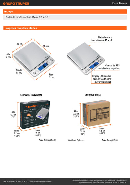 Báscula Electrónica Digital de Precisión 500g Truper BASE-05B - Ideal para Cocina, Joyería y Laboratorio con Display LCD y Función TARA